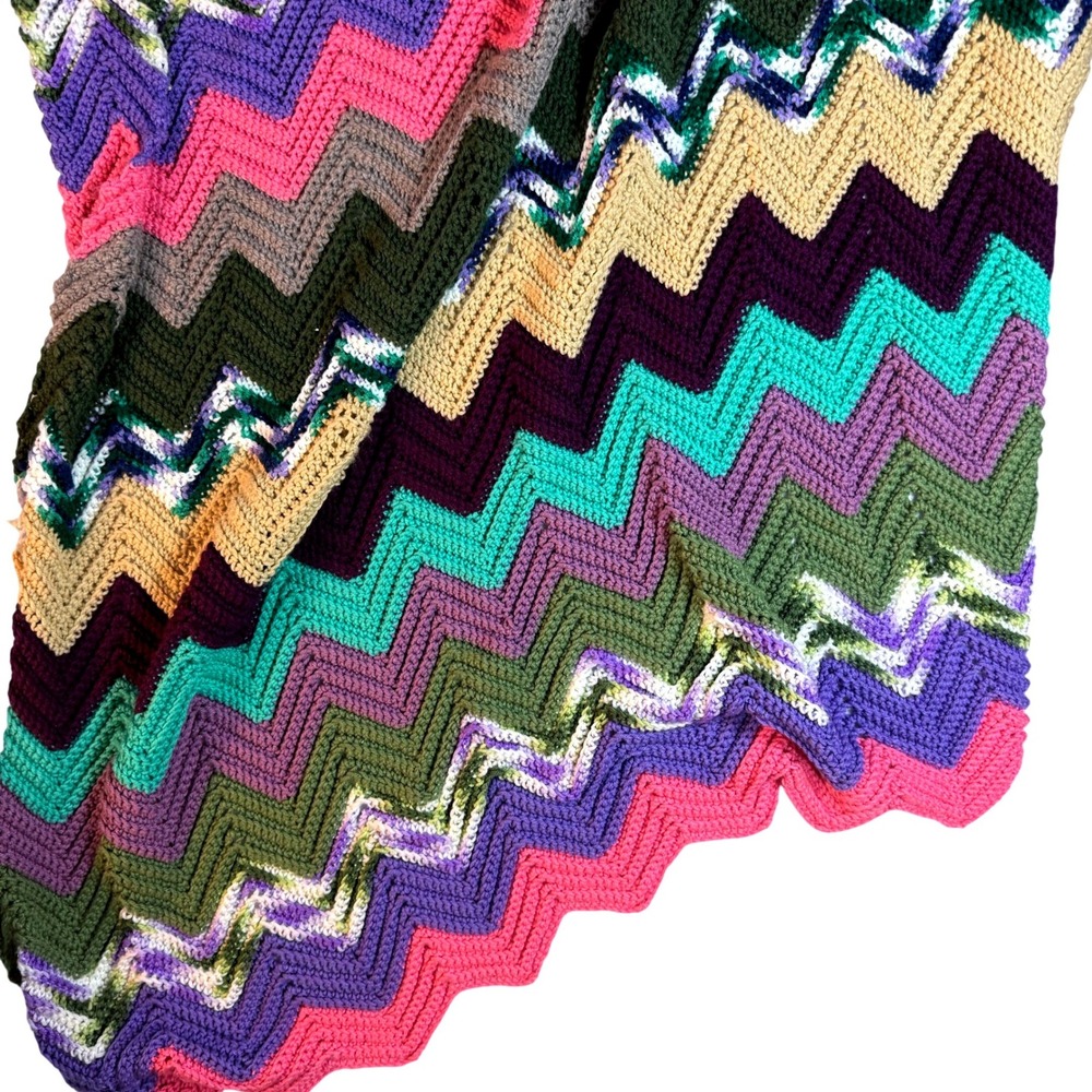 Vintage 70 Crochet Afghan Blanket Chevron Zig Zag Multicolor Handmade Boho Throw